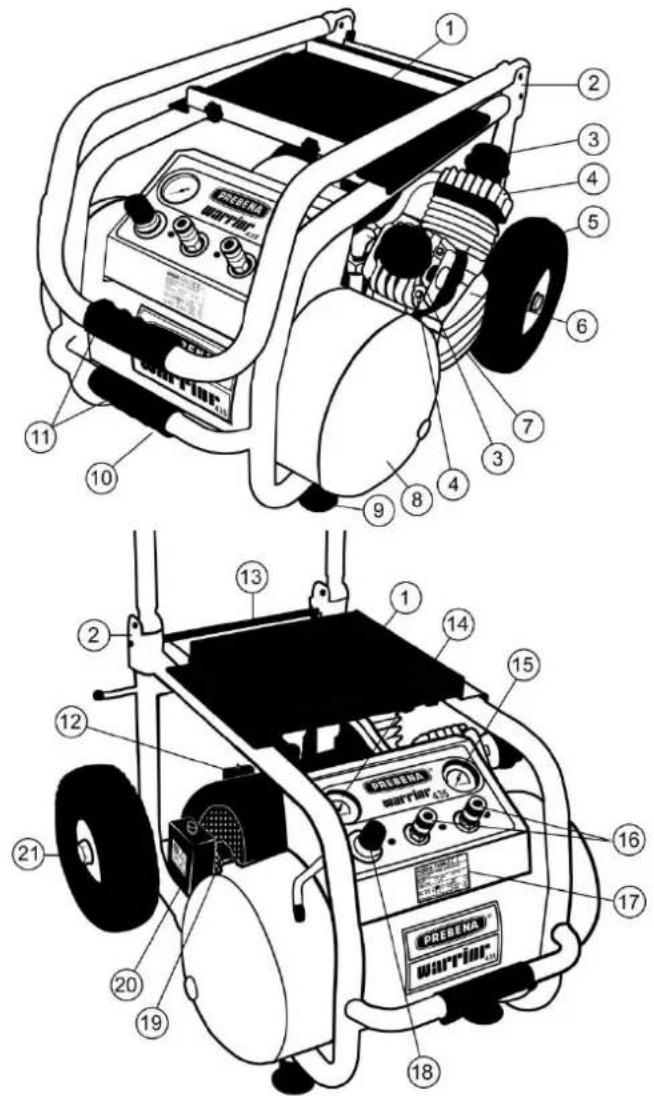 Technical diagram of a two-part electric shock absorber with numbered components and labeled parts
