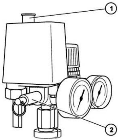 Technical diagram of a pressure regulator with labeled parts 1 and 2