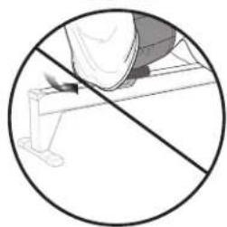 Simple line drawing of a person sitting on a bench with a diagonal line crossing through (no text or symbols)