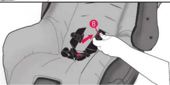 Diagram showing a hand adjusting a car seatbelt with labeled component B and directional arrows