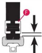 Diagram showing a mechanical component with force F applied, alongside a downward and upward arrows indicating motion or force direction.