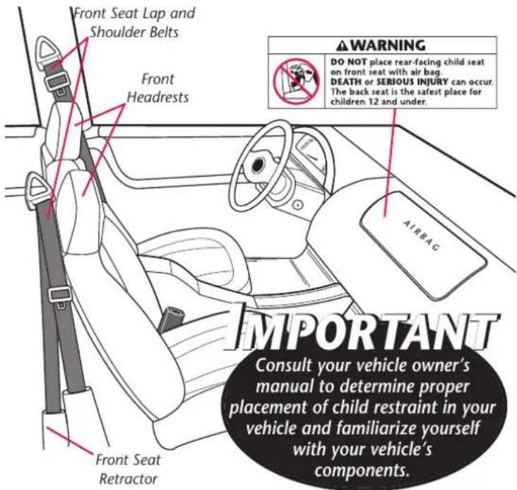 Front Seat Lap and Shoulder Belts Front Headrests IMPORTANT Consult your vehicle owner's manual to determine proper placement of child restraint in your vehicle and familiarize yourself with your vehicle's components.