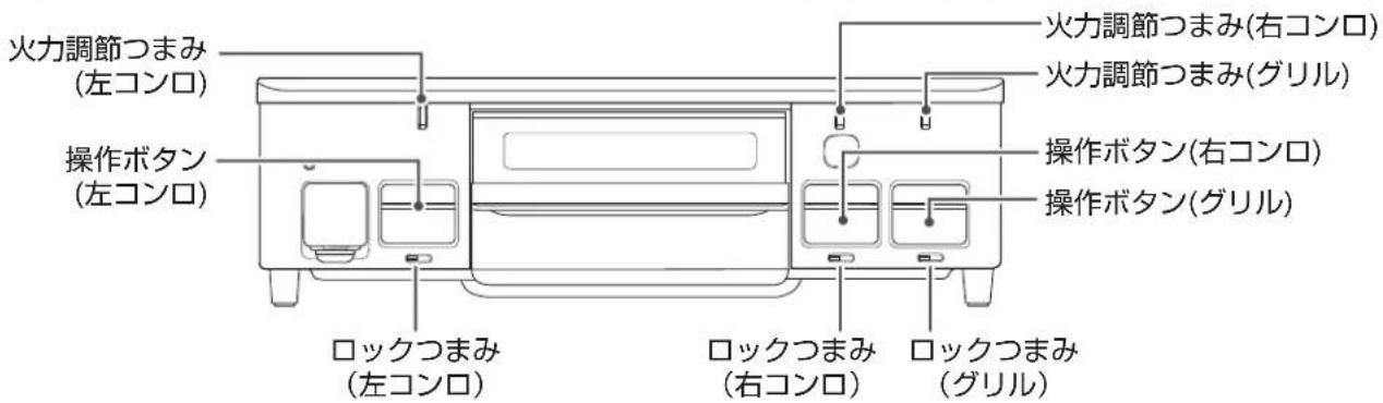 火力調節つまみ (左コンロ) 操作ボタン (左コンロ) ロックつまみ (左コンロ) 火力調節つまみ(右コンロ) 火力調節つまみ(グリル) 操作ボタン(右コンロ) 操作ボタン(グリル) ロックつまみ (右コンロ) ロックつまみ (グリル)