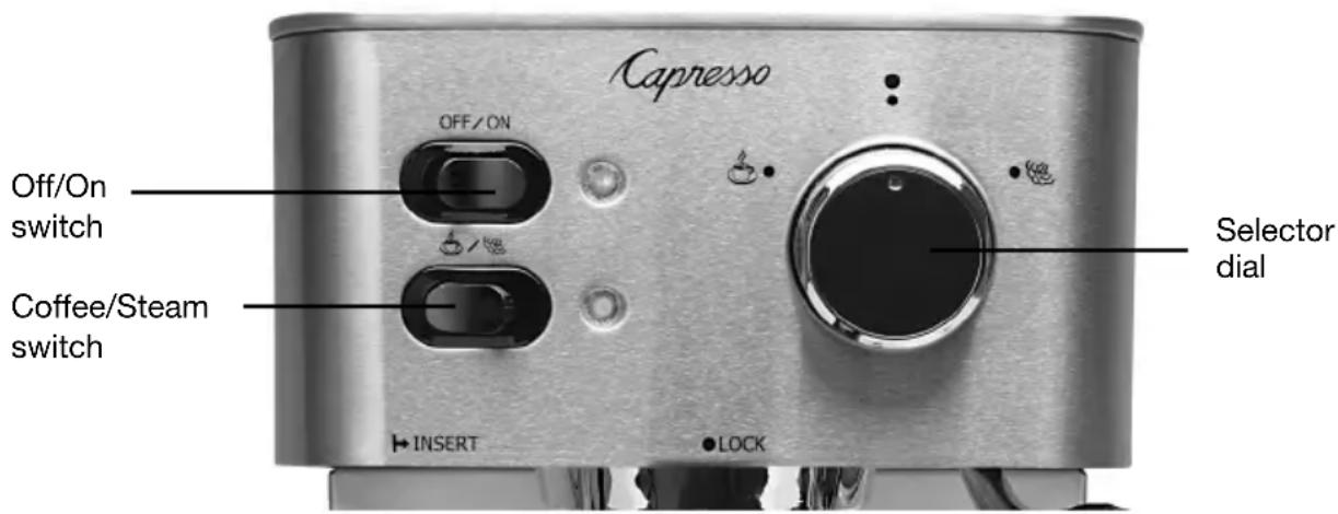 Capresso OFF/ON Off/On switch Coffee/Steam switch INSERT LOCK Selector dial