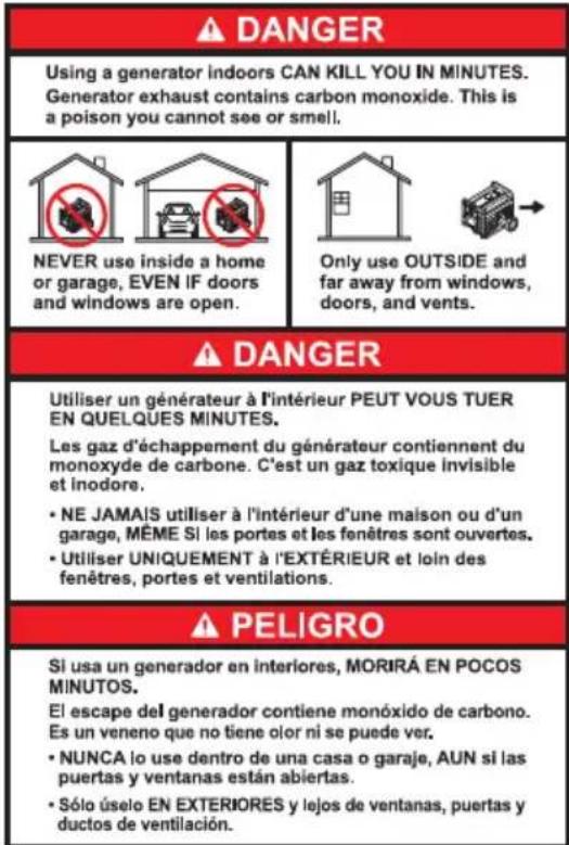 ▲ DANGER Using a generator indoors CAN KILL YOU IN MINUTES. Generator exhaust contains carbon monoxide. This is a poison you cannot see or smell. NEVER use inside a home or garage, EVEN IF doors and windows are open. Only use OUTSIDE and far away from windows, doors, and vents. ▲ DANGER Utiliser un générateur à l'intérieur PEUT VOUS TUER EN QUELQUES MINUTES. Les gaz d'échappement du générateur contiennent du monoxyde de carbone. C'est un gaz toxique invisible et inodore. • NE JAMAIS utiliser à l'intérieur d'une maison ou d'un garage, MÈME Si les portes et les fenêtres sont ouvertes. • Utiliser UNIQUEMENT à l'EXTÉRIEUR et loin des fenêtres, portes et ventilations. ▲ PELIGRO Si usa un generador en interiores, MORIRÁ EN POCOS MINUTOS. El escape del generador contiene monóxido de carbono. Es un veneno que no tiene olor ni se puede ver. • NUNCA lo use dentro de una casa o garaje, AUN si las puertas y ventanas están abiertas. • Sólo úselo EN EXTERIORES y lejos de ventanas, puertas y ductos de ventilación.