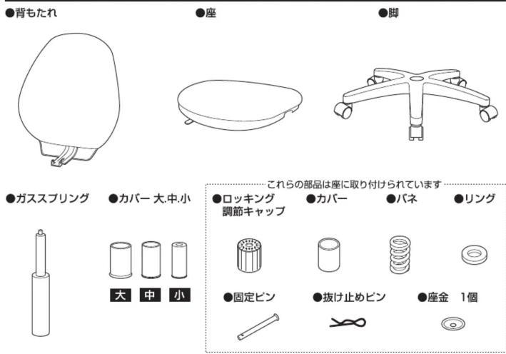 ●背もたれ ●座 ●脚 ●ガススプリング ●カバー 大.中小 大 中 小 これらの部品は座に取り付けられています... ●ロッキング 調節キャップ ●カバー ●バネ ●リング ●固定ピン ●抜け止めピン ●座金 1個