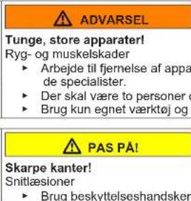 ADVARSEL Tunge, store apparater! Ryg- og muskelskader ► Arbejde til fjemelse af appa de specialister. ► Der skal være to personer o ► Brug kun egnet værktøj og PAS PÅ! Skarpe kanter! Snitlæsioner ► Brug beskyttelseshandsker