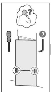 Diagram showing a door with a question mark and a finger pointing at it, alongside a tool and battery symbol.