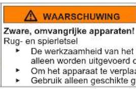 WAARSCHUWING Zware, omvangrijke apparaten! Rug- en spierletsel ► De werkzaamheid van het alleen worden uitgevoerd d ► Om het apparaat te verplaat ► Gebruik alleen geschikte ge