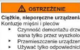 OSTRZEŻENIE Cieżkie, nleporęczne urządzenia Kontuzje mięśni i pleców ► Czynność demontażu drzw wana tylko przez wyszkolor ► Przemieszczenie urządzeń ► Używać tylko odpowiednict