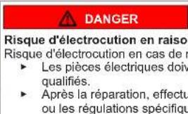 DANGER Risque d'électrocution en raison Risque d'électrocution en cas de n • Les pièces électriques doiv qualifiés. • Après la réparation, effectu ou les régulations spécifique