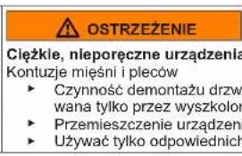 OSTRZEŻENIE Cieżkie, nieporęczne urządzenia Kontuzje mięśni i pleców ► Czynność demontażu drzw wana tylko przez wyszkolor ► Przemieszczenie urządzeń ► Używać tylko odpowiednich