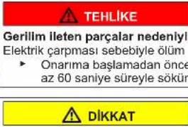 TEHLIKE Gerilim lleten parçalar nedeniyl Elektrik çarpması sebebiyle ölüm ► Onarima başlamadan önce az 60 saniye süreyle sökür DIKKAT