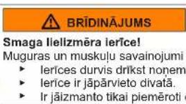 BRĪDINĀJUMS Smaga Ilellzmēra ierīce! Muguras un muskuļu savainojumi ► Ierīces durvis drīkst noņem ► Ierīce ir jāpārvieto divatā. ► Ir jāizmanto tikai piemēroti