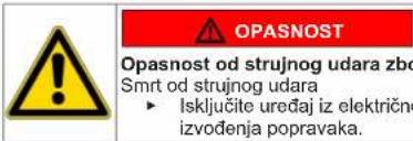 OPASNOST Opasnost od strujnog udara zbo Smrt od strujnog udara ► Isključite uređaj iz električno izvođenja popravaka.
