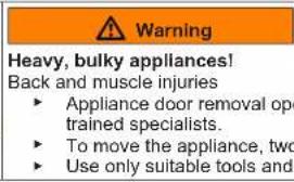 Warning Heavy, bulky appliances! Back and muscle injuries • Appliance door removal op trained specialists. • To move the appliance, two • Use only suitable tools and