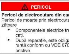 PERICOL Pericol de electrocutare din cau Pericol de moarte prin electrocuta zátoare ► Componentele electrice tre cati. ► După reparatie, este obliga ranță conform cu VDE 070 pective.