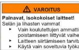 VAROITUS Painavat, isokokolset laitteet! Selän ja lihasten vammat ► Vain koulutettujen ammattil poistamiseen liittyvät vaihe ► Laitteen siirtämiseen tarvita ► Käytä vain soveltuvia työka