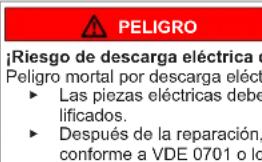 PELIGRO ¡Riesgo de descarga eléctrica o Peligro mortal por descarga eléct • Las piezas eléctricas debe lificados. • Después de la reparación, conforme a VDE 0701 o lo