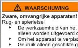 WAARSCHUWING Zware, omvangrijke apparaten! Rug- en spierletsel ► De werkzaamheid van het alleen worden uitgevoerd d ► Om het apparaat te verplaa ► Gebruik alleen geschikte ge