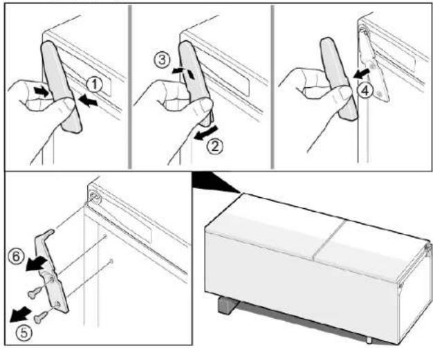 Technical diagram illustrating a mechanical assembly process with numbered steps and a close-up of a box.