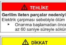 TEHLIKE Gerilim lleten parçalar nedeniyl Elektrik çarpması sebebiyle ölüm ► Onarıma başlamadan önce az 60 saniye süreyle sökür DIKKAT