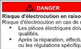 DANGER Risque d'électrocution en raiso Risque d'électrocution en cas de r • Les pièces électriques doiv qualifiés. • Après la réparation, effectu ou les régulations spécifique