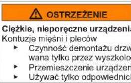 OSTRZEŻENIE Cieżkie, nleporęczne urzȩdzenia Kontuzje miȩśni i plećów ► Czynność demontaźu drzw wana tlyko przyez wyszkolor ► Przemieszczenie urzȩdzen ► Uzywać tlyko odpowiednich