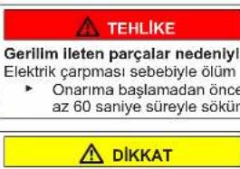 TEHLIKE Gerilim ileten parçalar nedeniyl Elektrik çarpması sebebiyle ölüm ► Onarima başlamadan önce az 60 saniye süreyle sökür DIKKAT