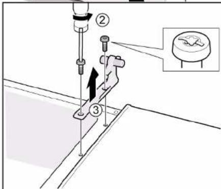 Technical diagram showing mechanical assembly with numbered components and an inset close-up of a circular component