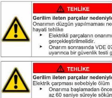 TEHLIKE Gerilim iletten parçalar nedeniyle Onarımın düzgün yapılmaması ne hayati tehlike ► Elektrikli parçaların onarımı gerçekleştirilmelidir. ► Onarım sonrasında VDE 07 uyarınca bir güvenlik testi g TEHLIKE Gerilim iletten parçalar nedeniyle Elektrik çarpması sebebiyle ölüm ► Onarıma başlamadan önce az 60 saniye süreyle sökün