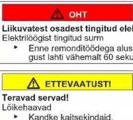 OHT Liikuvatest osadest tingitud elel Elektrilöögist tingitud surm ► Enne remonditöödega alus gust lahti vähemalt 60 seku ETTEVAATUST! Teravad servad! Lõikehaavad ► Kandke kaitsekindaid.