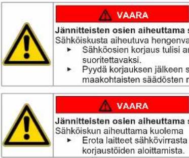 VAARA Jännitteisten osien aiheuttama s Sähköiskusta aiheutuva hengenva ► Sähköosien korjaus tulisi an suoritettavaksi. ► Pyydä korjauksen jälkeen s maakohtaisten säädösten n VAARA Jännitteisten osien aiheuttama s Sähköiskun aiheuttama kuolema ► Erota laitteet sähkövirrasta korjaustöiden aloittamista.