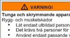 WARNING! Tunga och skrymmande appara Rygg- och muskelskador ► Låt endast utbildad persona ► Det krävs två personer för ► Använd endast passande v