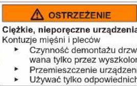 OSTRZEŻENIE Cieżkie, nleporęczne urządzenia Kontuzje mięśni i pleców ► Czynność demontażu drzw wana tylko przez wyszkolor ► Przemieszczenie urządzeń ► Używać tylko odpowiednich