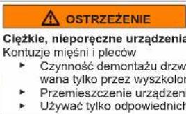 OSTRZEŻENIE Cleżkie, nieporęczne urzȩdzenia Kontuzje miȩśni i plećów ► Czynność demontaźu drzw wana tlyko przyez wyszkolor ► Przemieszczenie urzȩdzeni ► Używać tlyko odpowiednich