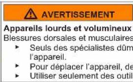 AVERTISSEMENT Appareils lourds et volumineux Blessures dorsales et musculaires ► Seuls des spécialistes dûm l'appareil. ► Pour déplacer l'appareil, de ► Utiliser seulement des outil