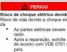 PERIGO Risco de choque elétrico devido Risco de vida devido a choque elétrico da As partes elétricas devem a cado. Após a reparação, solicite a de acordo com VDE 0701 e país.