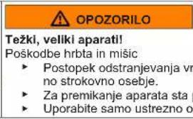 OPOZORILO Težki, veliki aparati! Poškodbe hrbta in mišic ► Postopek odstranjevanja vr no strokovno osebje. ► Za premikanje aparata sta ► Uporabite samo ustrezno o