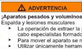 ADVERTENCIA ¡Aparatos pesados y voluminos Espalda y lesiones musculares ► La operación de extraer la cabo especialistas formado ► Para mover el aparato se m ► Utilizar únicamente herramienta