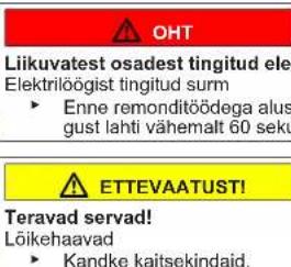 OHT Liikuvatest osadest tingitud ele Elektrilöogist tingitud surm ► Enne remonditöödega alus gust lahti vähemalt 60 seku ETTEVAATUST! Teravad servad! Lõikehaavad ► Kandke kaitsekindaid.