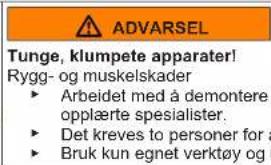 ADVARSEL Tunge, klumpete apparater! Rygg- og muskelskader • Arbeidet med å demontere opplæerte spesialister. • Det kreves to personer for a Bruk kun egnet verktøy og
