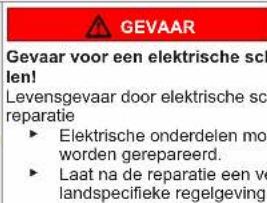 GEVAAR Gevaar voor een elektrische sch len! Levensgevaar door elektrische sci reparatie ► Elektrische onderdelen mod worden gerepareerd. ► Laat na de reparatie een ve landspecifieke regelgeving