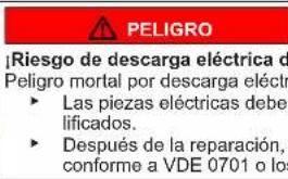 PELIGRO Riesgo de descarga eléctrica de Peligro mortal por descarga eléctr. • Las piezas eléctricas deber lificados. • Después de la reparación, conforme a VDE 0701 o los