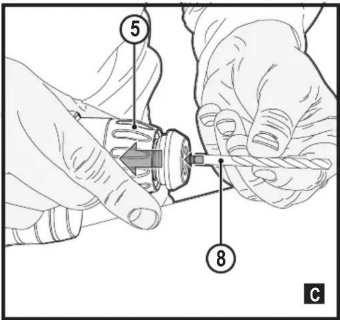 Technical diagram showing hands operating a mechanical component with labeled parts 5 and 8