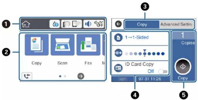 1 2 Copy Scan Fax M 3 Copy Advanced Setting 1→1-Sided ID Card Copy Off 4 07:31 11:26 Copies Copy 5
