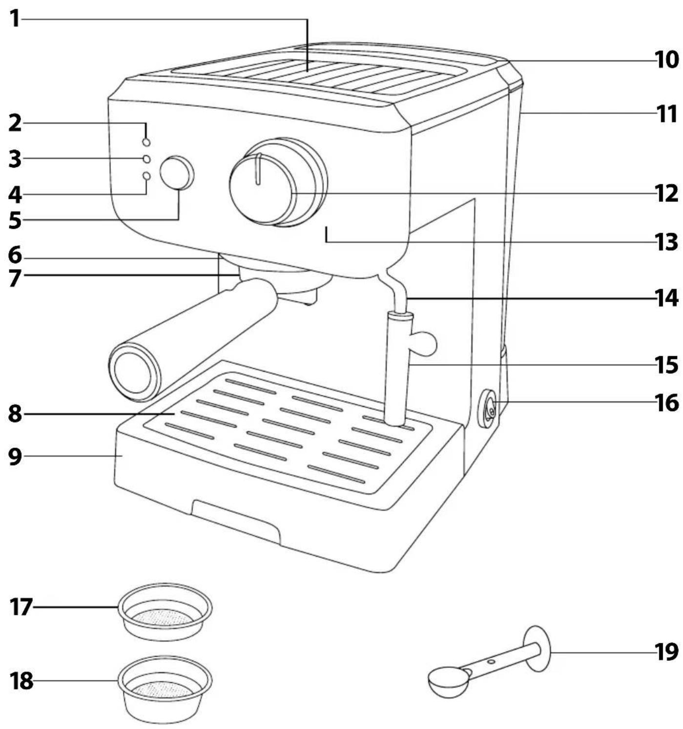Labeled diagram of a coffee maker with numbered parts for identification and assembly reference.