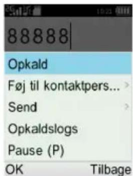 88888 Opkald Føj til kontaktpers... Send Opkaldslogs Pause (P) OK Tilbage