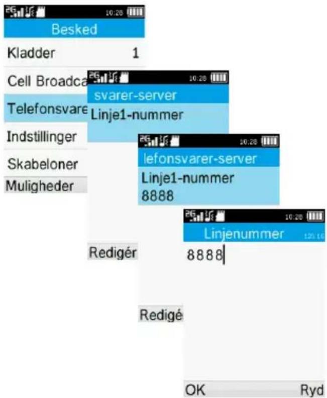 Besked Kladder 1 Cell Broadcast svarer-server Telefonsvare Linje1-nummer Indstillinger Skabeloner lefonsvarer-server Muligheder Linje1-nummer 8888 Redigér 8888 Redigé OK Ryd