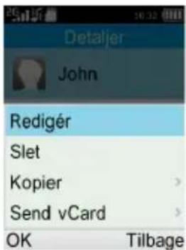 Detaljér John Redigér Slet Kopier Send vCard OK Tilbage